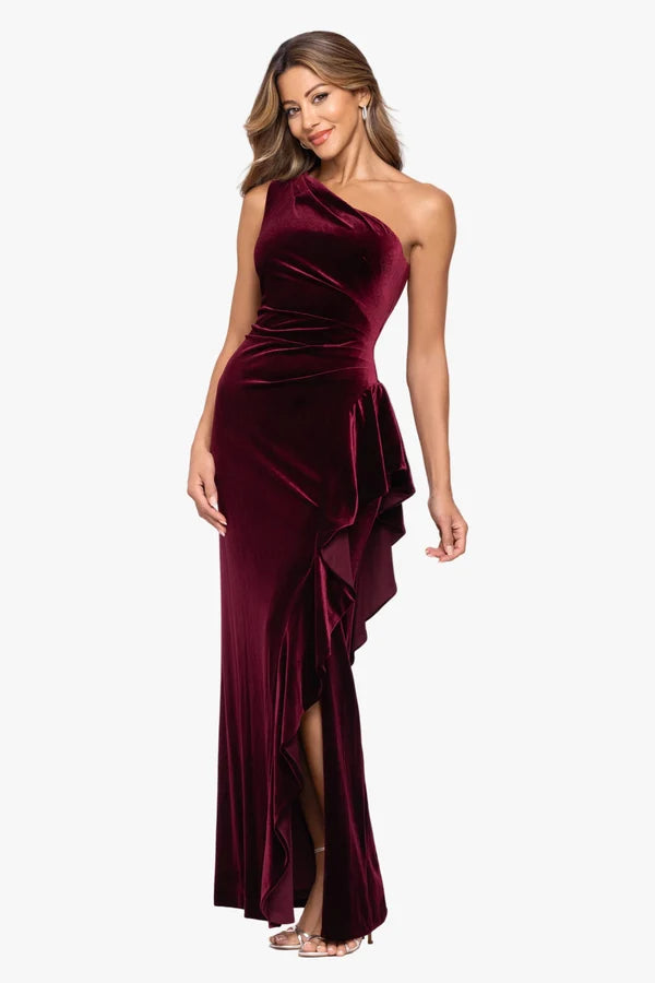Burgundy Velvet Sheath Column One Shoulder Zipper Back Floor Length Dress - Aabei Dress