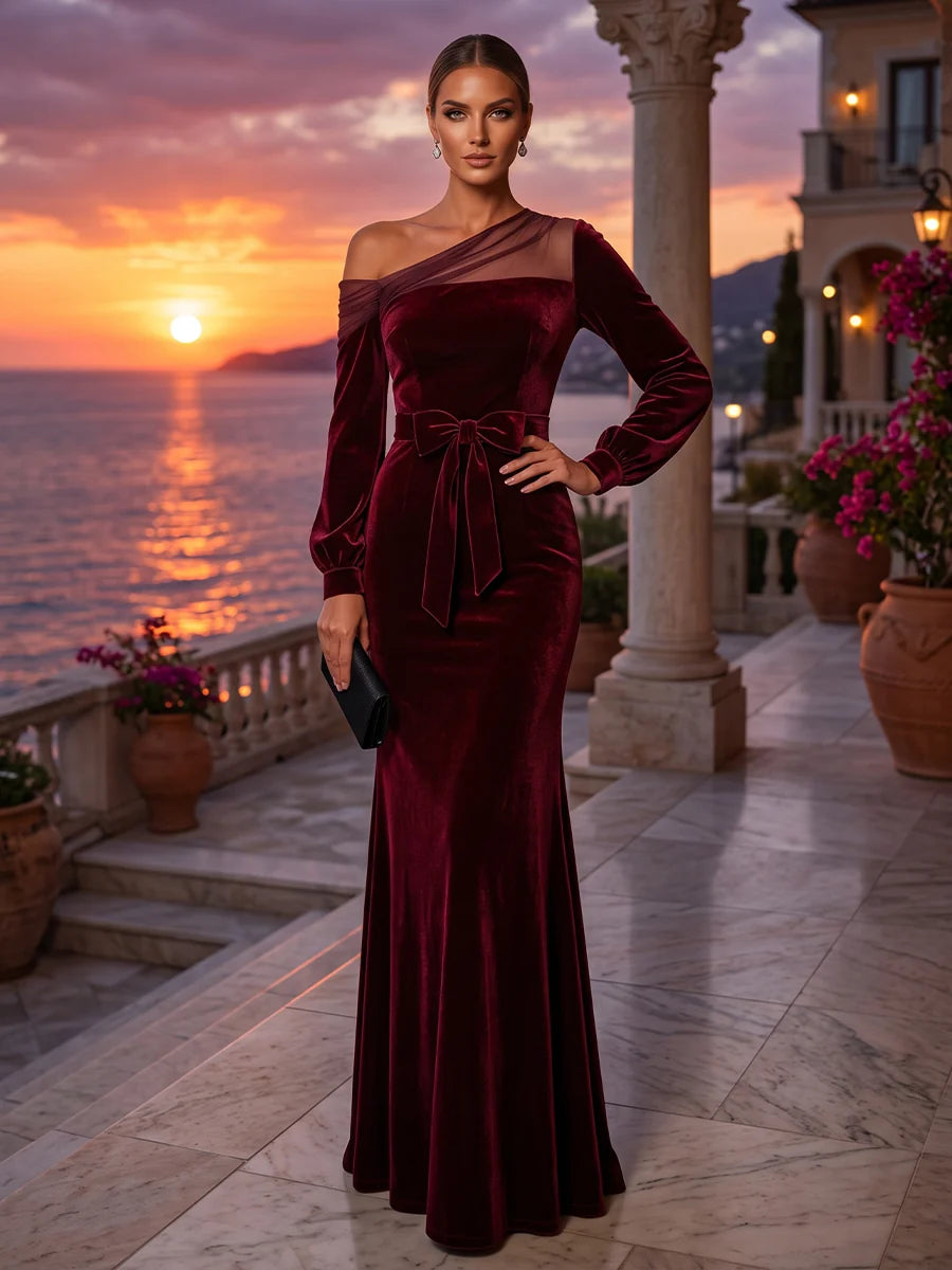 Burgundy Velvet sheath-column one-shoulder zipper-back floor-length Dress - Aabei Dress