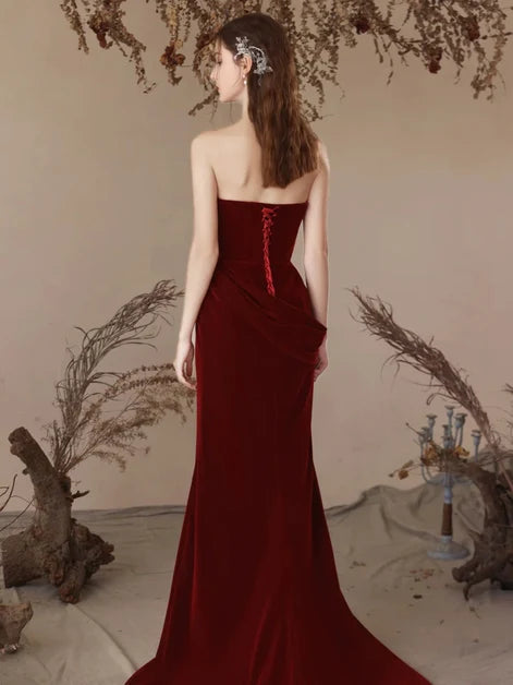 Burgundy Velvet Sheath Column Straight Across Lace Up Back Floor Length Dress Back View - Aabei Dress