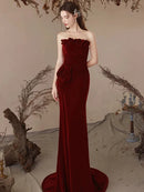 Burgundy Velvet Sheath Column Straight Across Lace Up Back Floor Length Dress Front View - Aabei Dress