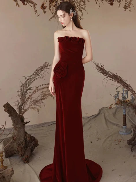 Burgundy Velvet Sheath Column Straight Across Lace Up Back Floor Length Dress Front View - Aabei Dress
