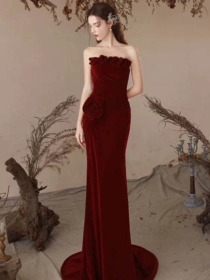 Burgundy Velvet Sheath Column Straight Across Lace Up Back Floor Length Dress Front View - Aabei Dress
