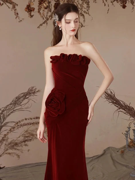 Burgundy Velvet Sheath Column Straight Across Lace Up Back Floor Length Dress - Aabei Dress