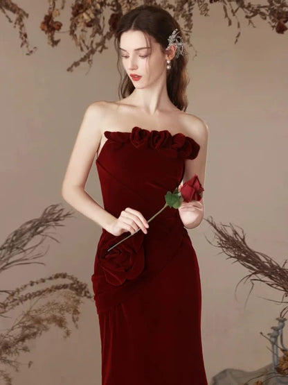 Burgundy Velvet Sheath Column Straight Across Lace Up Back Floor Length Dress - Aabei Dress