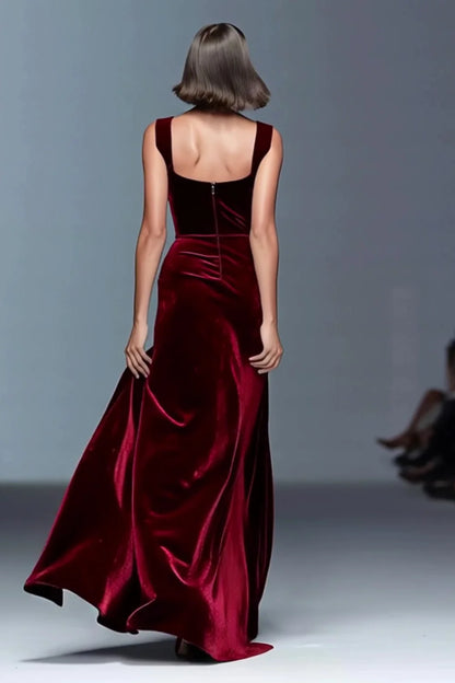 Burgundy Velvet Sheath/column Sweetheart Back Zip Floor-Length Dress Back View - Aabei Dress