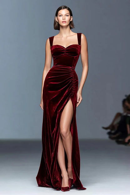 Burgundy Velvet Sheath/column Sweetheart Back Zip Floor-Length Dress Front View - Aabei Dress