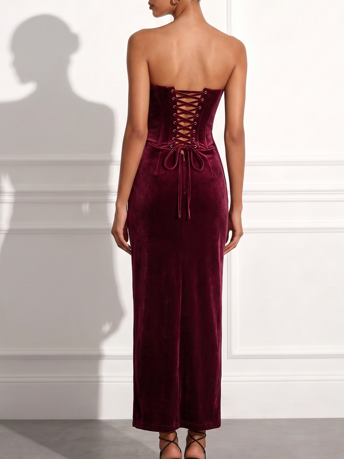 Burgundy Velvet sheath-column sweetheart lace-up-back floor-length Dress Back View - Aabei Dress