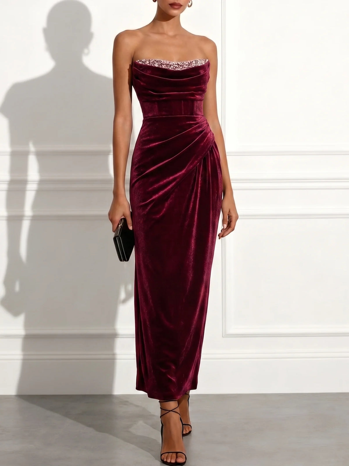 Burgundy Velvet sheath-column sweetheart lace-up-back floor-length Dress - Aabei Dress