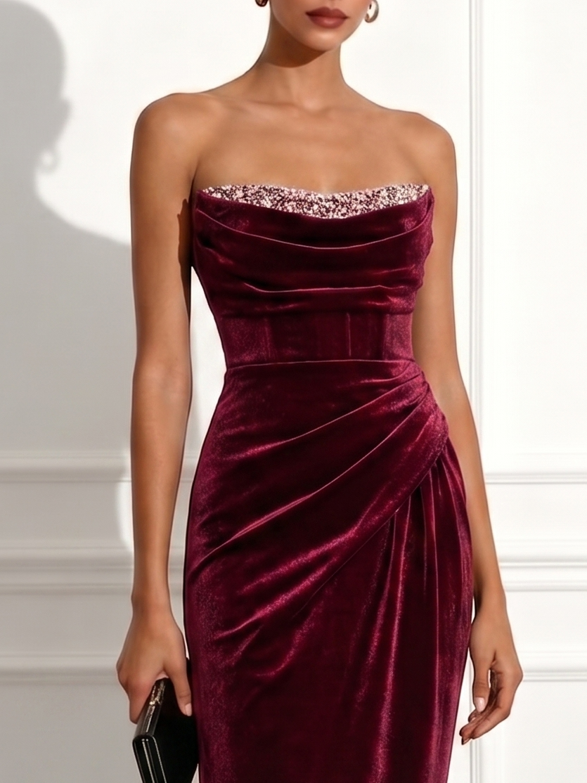 Burgundy Velvet sheath-column sweetheart lace-up-back floor-length Dress - Aabei Dress