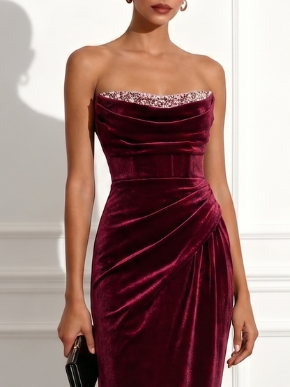 Burgundy Velvet sheath-column sweetheart lace-up-back floor-length Dress - Aabei Dress