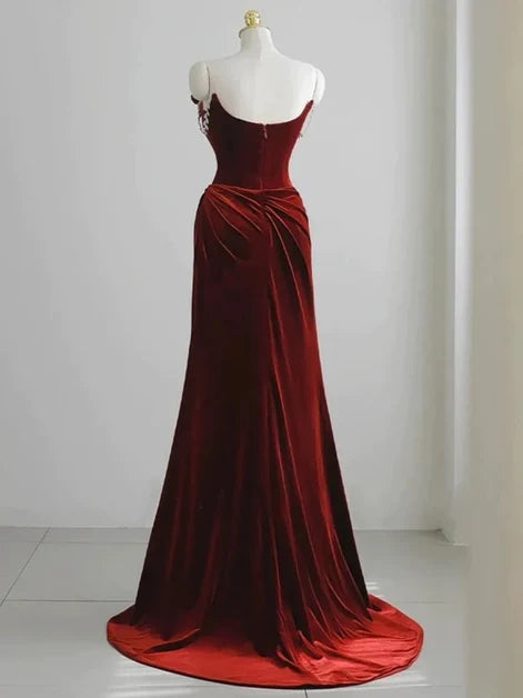 Burgundy Velvet Sheath Column Sweetheart Low Back Floor Length Dress Back View - Aabei Dress