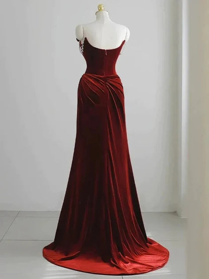 Burgundy Velvet Sheath Column Sweetheart Low Back Floor Length Dress Back View - Aabei Dress