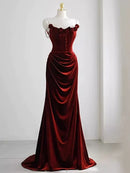 Burgundy Velvet Sheath Column Sweetheart Low Back Floor Length Dress Front View - Aabei Dress