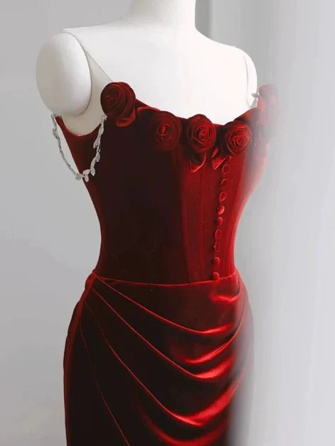 Burgundy Velvet Sheath Column Sweetheart Low Back Floor Length Dress - Aabei Dress