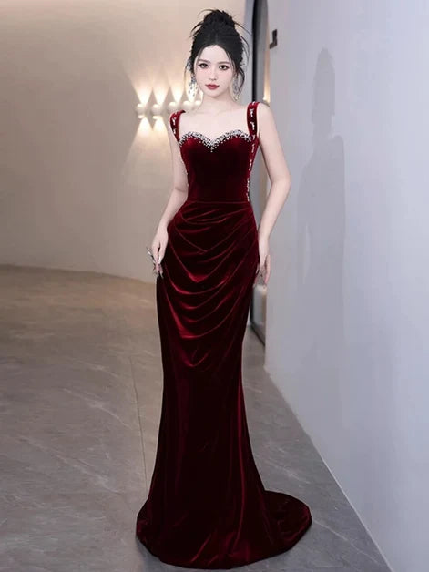 Burgundy Velvet Sheath Column Sweetheart V-Back Floor-Length Dress Front View - Aabei Dress