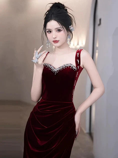 Burgundy Velvet Sheath Column Sweetheart V-Back Floor-Length Dress - Aabei Dress