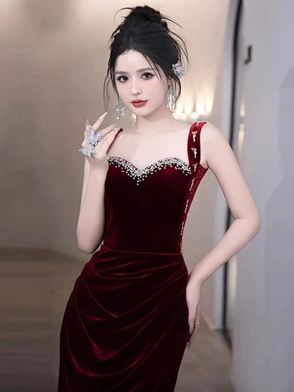 Burgundy Velvet Sheath Column Sweetheart V-Back Floor-Length Dress - Aabei Dress