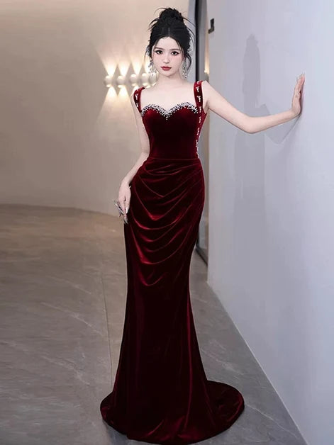 Burgundy Velvet Sheath Column Sweetheart V-Back Floor-Length Dress - Aabei Dress