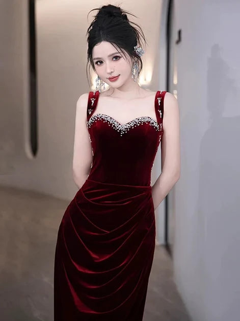 Burgundy Velvet Sheath Column Sweetheart V-Back Floor-Length Dress - Aabei Dress
