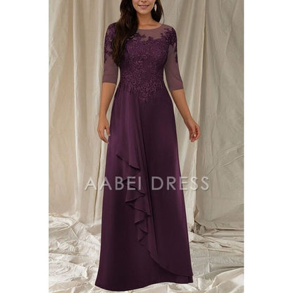 AABEI DRESS Wedding Guest Dress Elegant A-Line Crew Neck 3/4 Length Sleeve Floor Length Lace Appliques Ruffles Fashion Mother of the Bride Dress