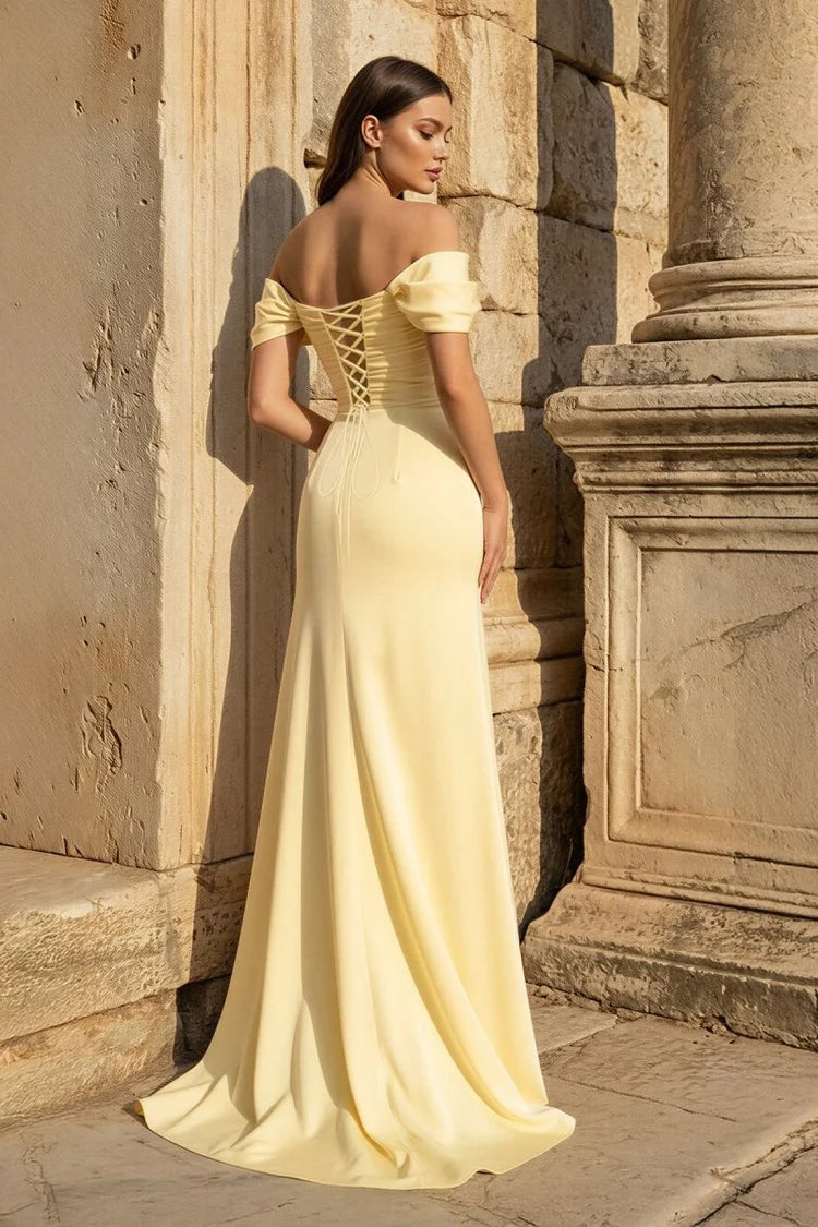 Butter Yellow Satin A-Line Off-the-Shoulder Lace-up Floor-Length Dress Back View - Aabei Dress