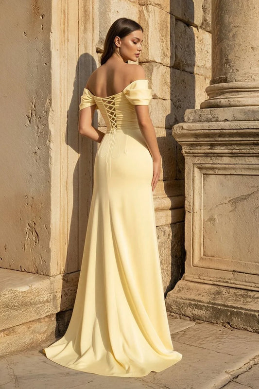 Butter Yellow Satin A-Line Off-the-Shoulder Lace-up Floor-Length Dress Back View - Aabei Dress