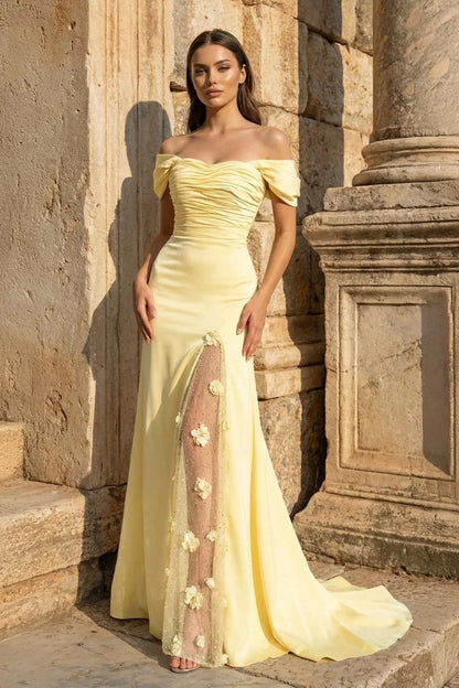 Butter Yellow Satin A-Line Off-the-Shoulder Lace-up Floor-Length Dress Front View - Aabei Dress