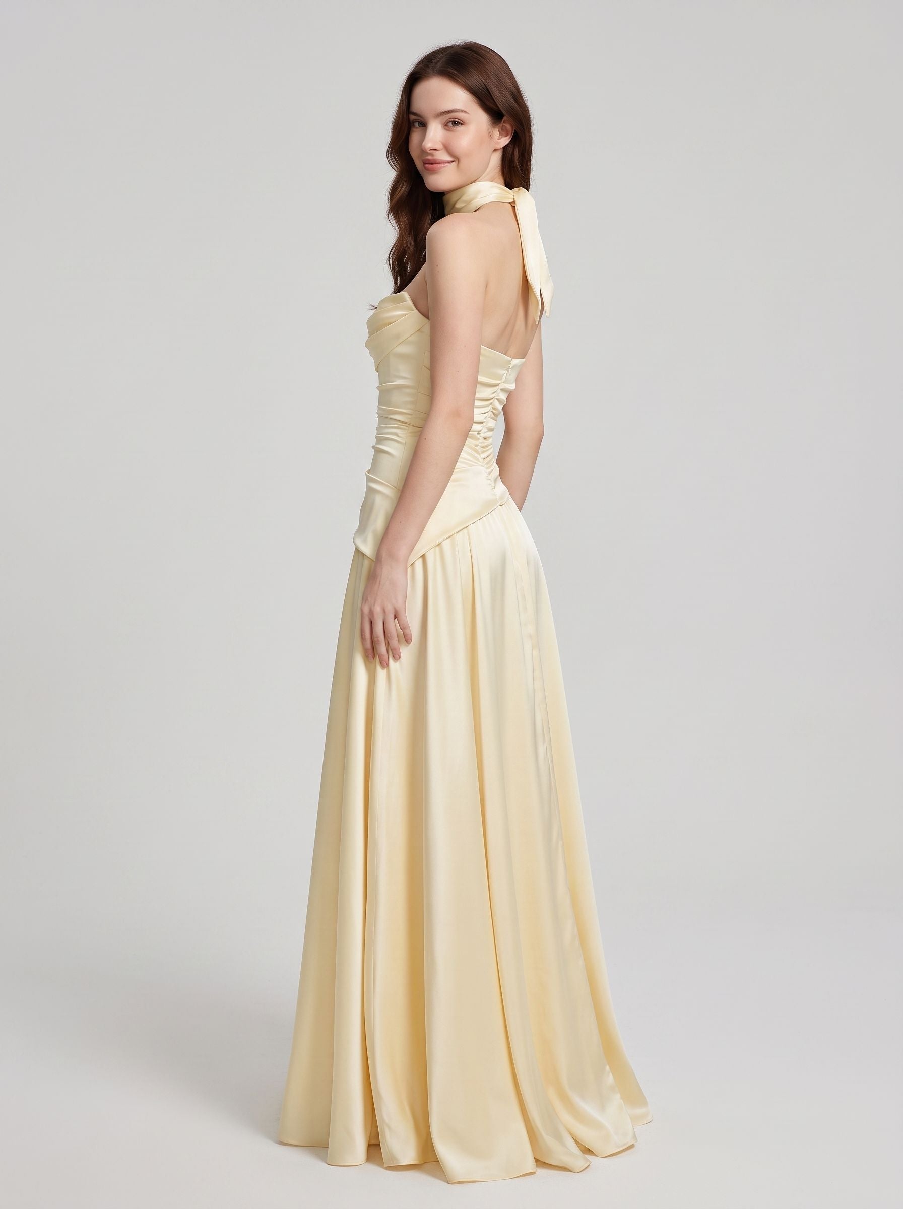 Butter Yellow Satin A-Line Straight Across Floor Length Dress Back View - Aabei Dress
