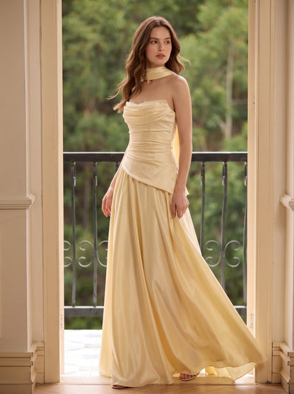 Butter Yellow Satin A-Line Straight Across Floor Length Dress Front View - Aabei Dress