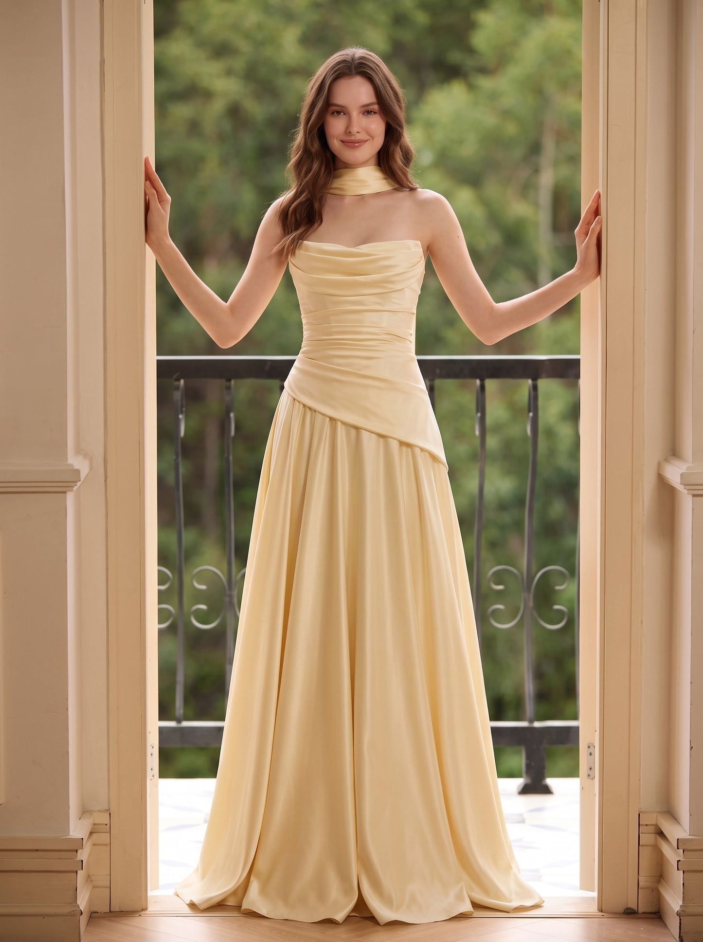 Butter Yellow Satin A-Line Straight Across Floor Length Dress - Aabei Dress
