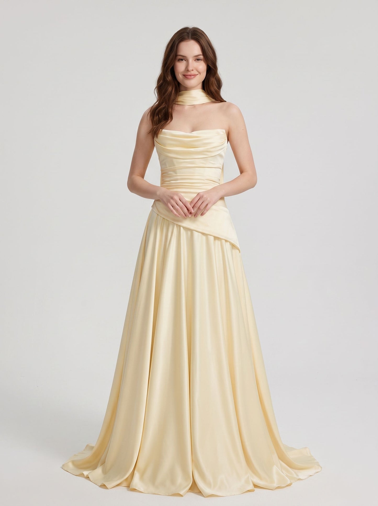 Butter Yellow Satin A-Line Straight Across Floor Length Dress - Aabei Dress