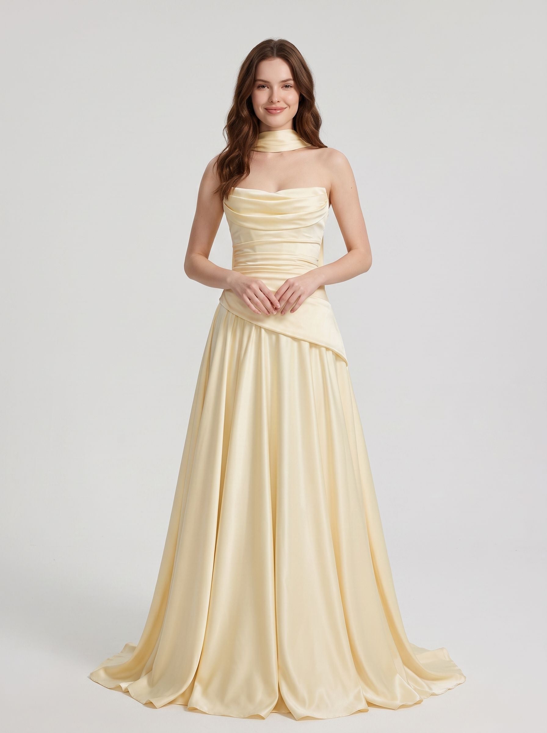 Butter Yellow Satin A-Line Straight Across Floor Length Dress - Aabei Dress