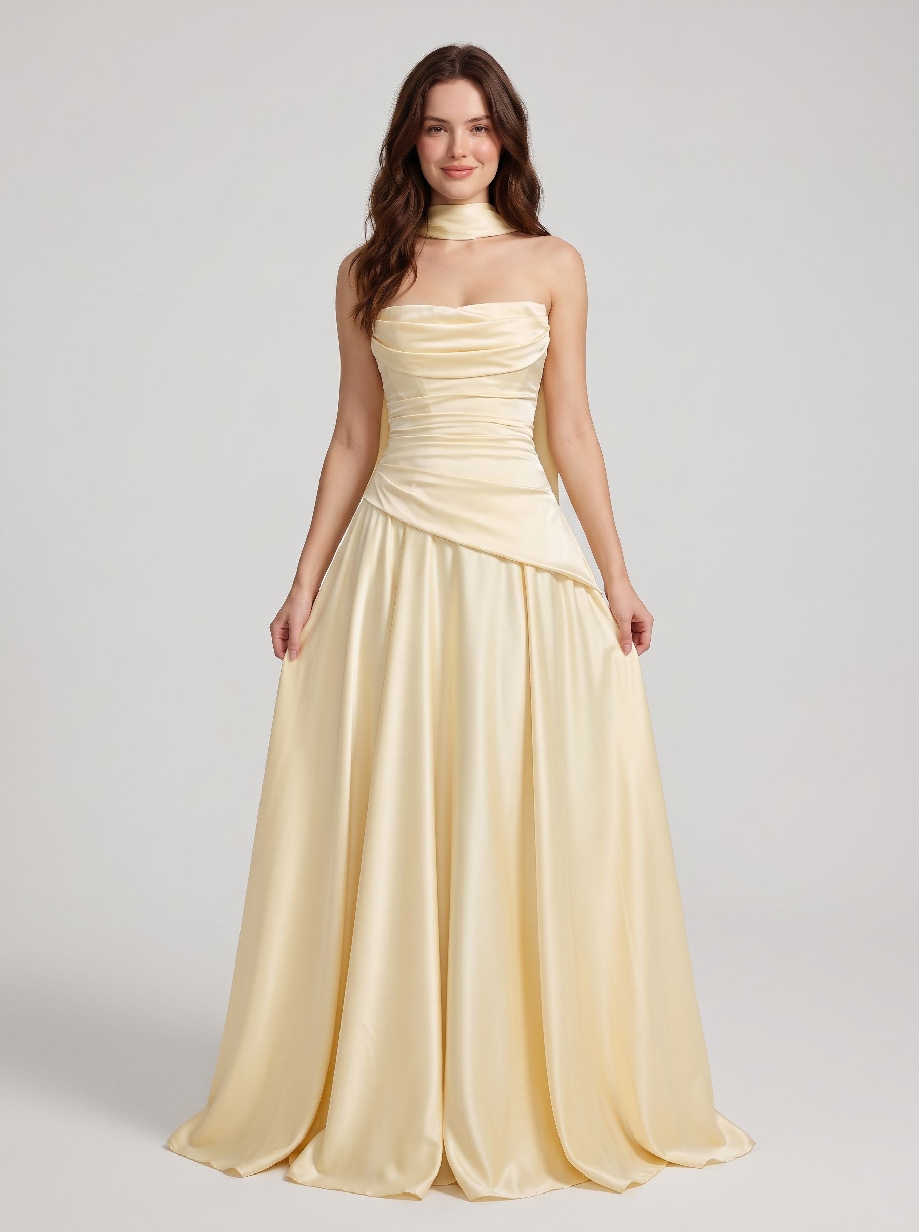 Butter Yellow Satin A-Line Straight Across Floor Length Dress - Aabei Dress