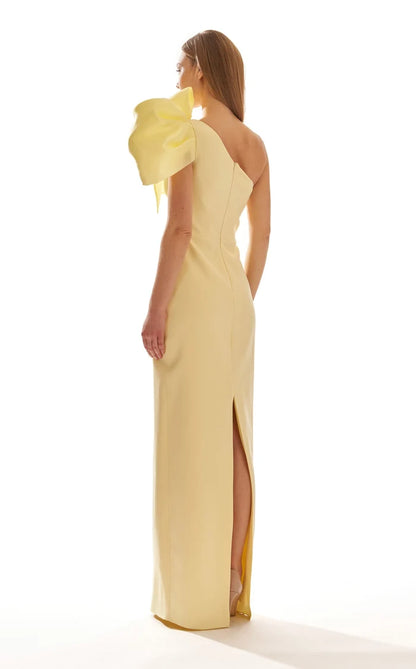 Butter Yellow Satin Sheath-Column One-Shoulder Zipper-Back Floor-Length Dress Back View - Aabei Dress