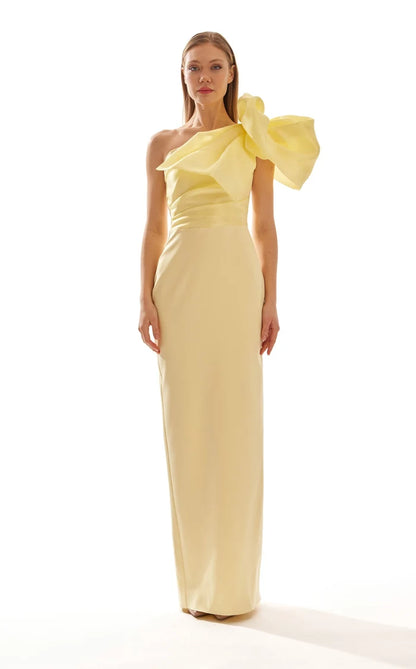 Butter Yellow Satin Sheath-Column One-Shoulder Zipper-Back Floor-Length Dress Front View - Aabei Dress