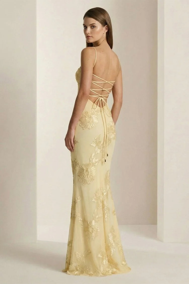 Butter Yellow Tulle with Floral Embroidery Mermaid Floor-Length Dress Back View - Aabei Dress