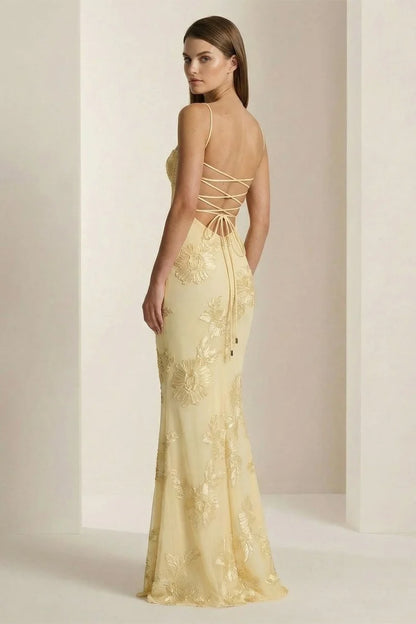 Butter Yellow Tulle with Floral Embroidery Mermaid Floor-Length Dress Back View - Aabei Dress