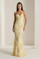 Butter Yellow Tulle with Floral Embroidery Mermaid Floor-Length Dress Front View - Aabei Dress