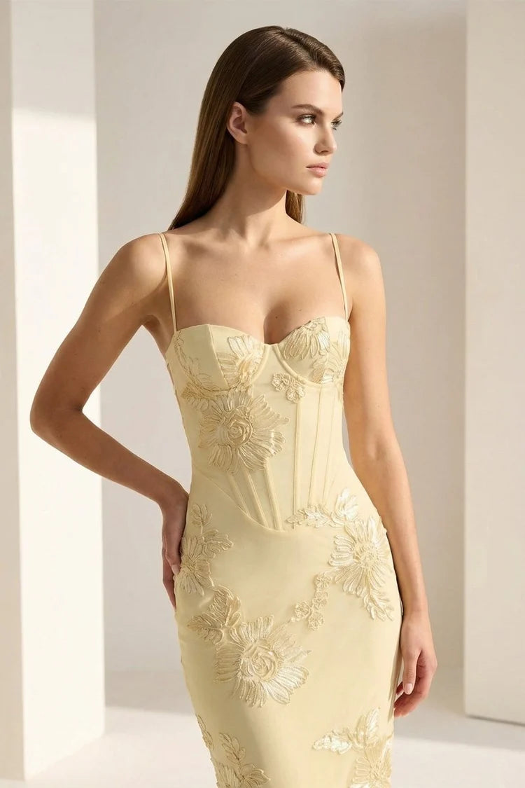 Butter Yellow Tulle with Floral Embroidery Mermaid Floor-Length Dress - Aabei Dress