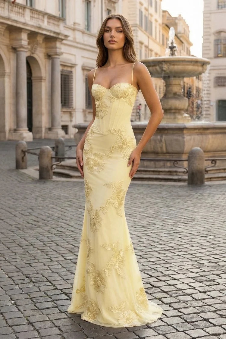 Butter Yellow Tulle with Floral Embroidery Mermaid Floor-Length Dress - Aabei Dress