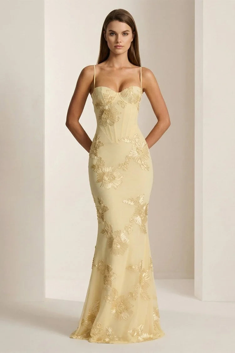 Butter Yellow Tulle with Floral Embroidery Mermaid Floor-Length Dress - Aabei Dress