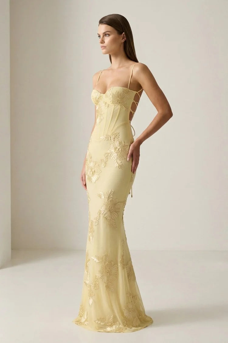 Butter Yellow Tulle with Floral Embroidery Mermaid Floor-Length Dress - Aabei Dress