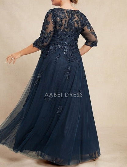 AABEI DRESS Wedding Guest Dress Elegant A-Line V Neck 3/4 Length Sleeve Floor Length Lace Applique Tulle Sparkle Mother of the Bride Dress