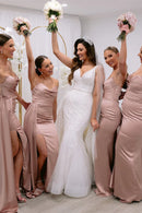 Bridesmaid Dress Strapless Cowl Neck Long with Slit
