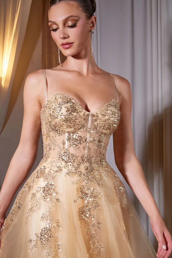 Champagne A Line Sweetheart Spaghetti Corset Lace Up Floor Prom Gown
