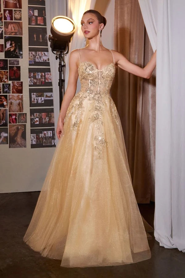 Champagne A Line Sweetheart Spaghetti Corset Lace Up Floor Prom Gown