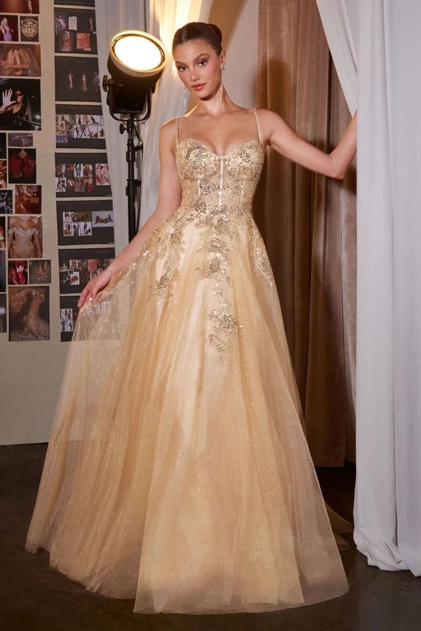 Champagne A Line Sweetheart Spaghetti Corset Lace Up Floor Prom Gown