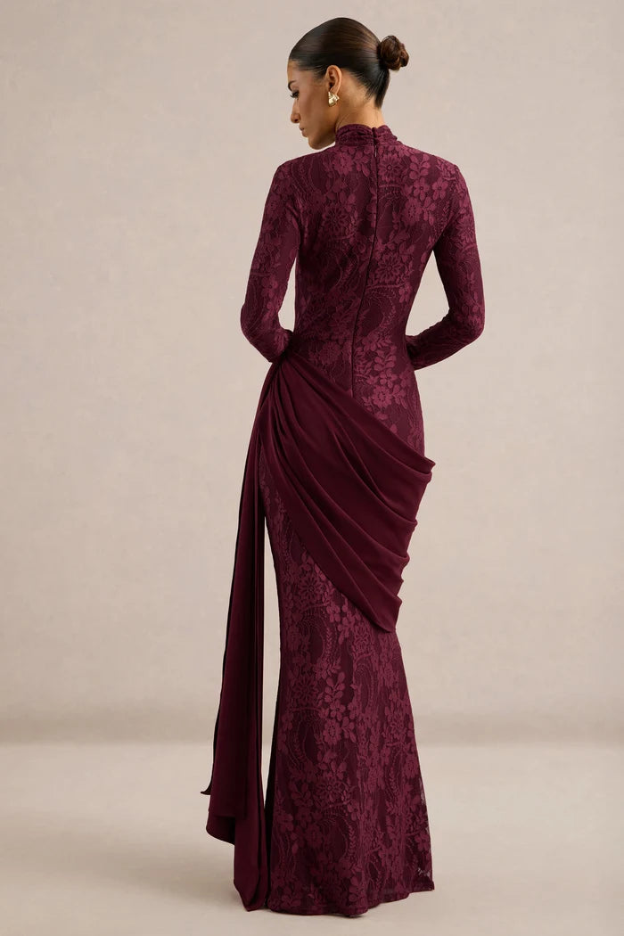 Cabernet Lace & Chiffon Sheath Column High Neck Zipper Back Floor Length Dress Back View - Aabei Dress
