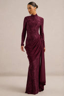 Cabernet Lace & Chiffon Sheath Column High Neck Zipper Back Floor Length Dress Front View - Aabei Dress