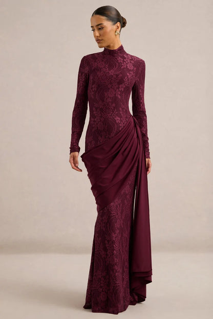 Cabernet Lace & Chiffon Sheath Column High Neck Zipper Back Floor Length Dress Front View - Aabei Dress